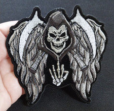 Winged Reaper Death Skull FU Middle Finger Iron On Motorcycle Jacket Biker Patch