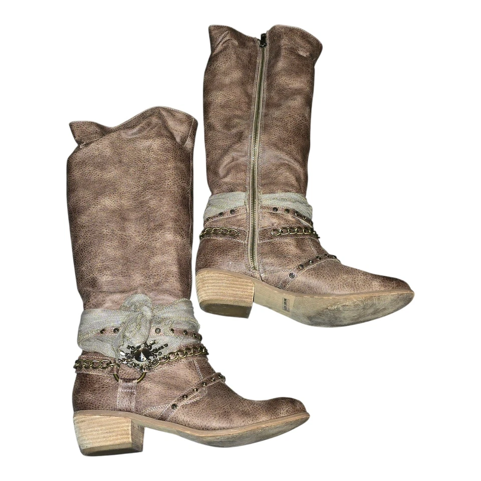 Botas de montar de moda sin clasificación joyas cadenas hasta la rodilla encaje occidental gótico talla 9,5 Foto 4 de 4