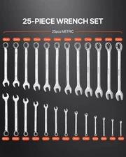 25-Piece Metric Combination Wrench Set, 6-32Mm, Open End, Carbon Steel, with Rol