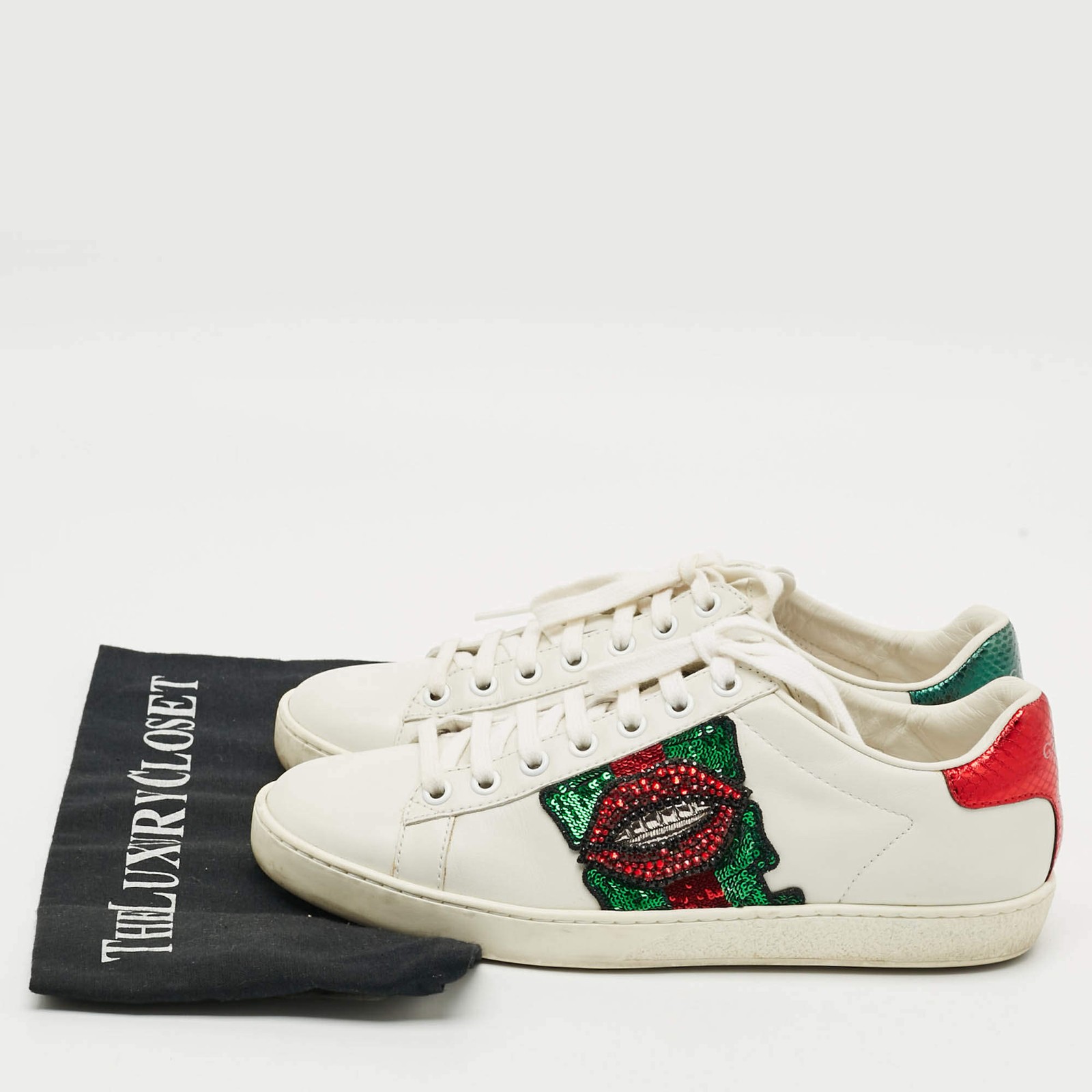 Gucci Ace Size 37 White Leather Python Embossed W… - image 9