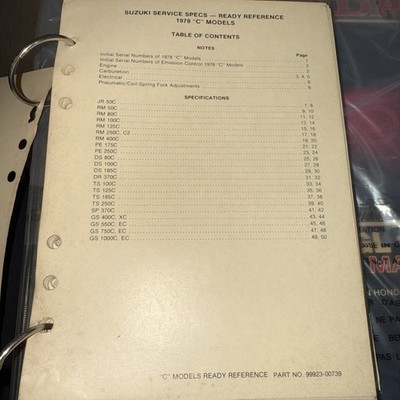 Suzuki Factory Service Specs Ready Reference 1978 C Models 99923-00739 No Cover