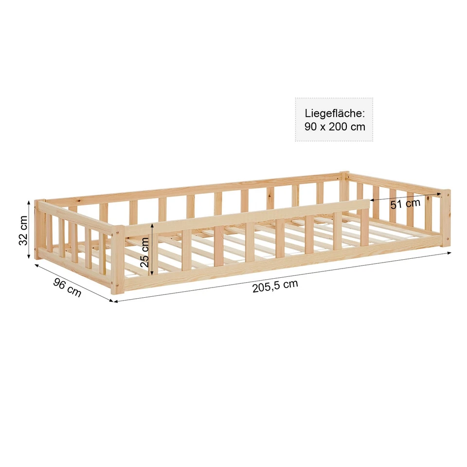Kinderbett 90 120 x200 Rausfallschutz Bodenbett Holz Massiv Matratze Homestyle4u - Bild 2 von 4