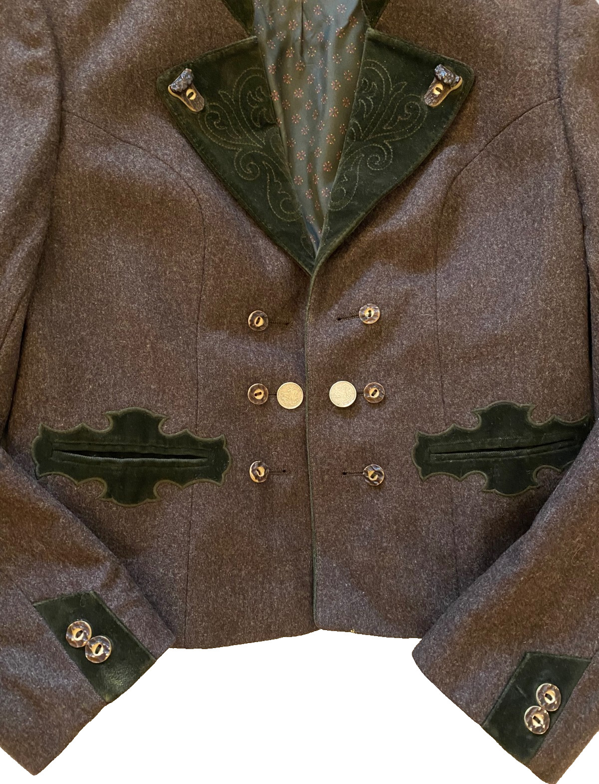Chaqueta blazer vintage tradicional austriaca marrón/verde lana y terciopelo cazador S