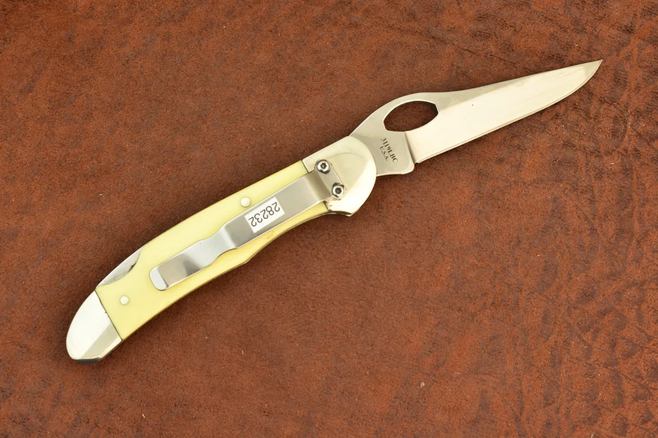 MOORE MAKER MATADOR TEXAS MADE IN USA YELLOW DELRIN HAWKEYE LOCKBACK KNIFE 28232 - Image 4 of 4