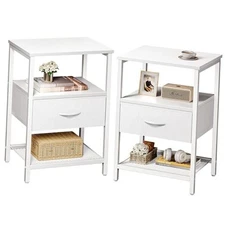  Nightstand Set of Night Stand with Fabric Drawer, Mesh Shelf, Side 2 White