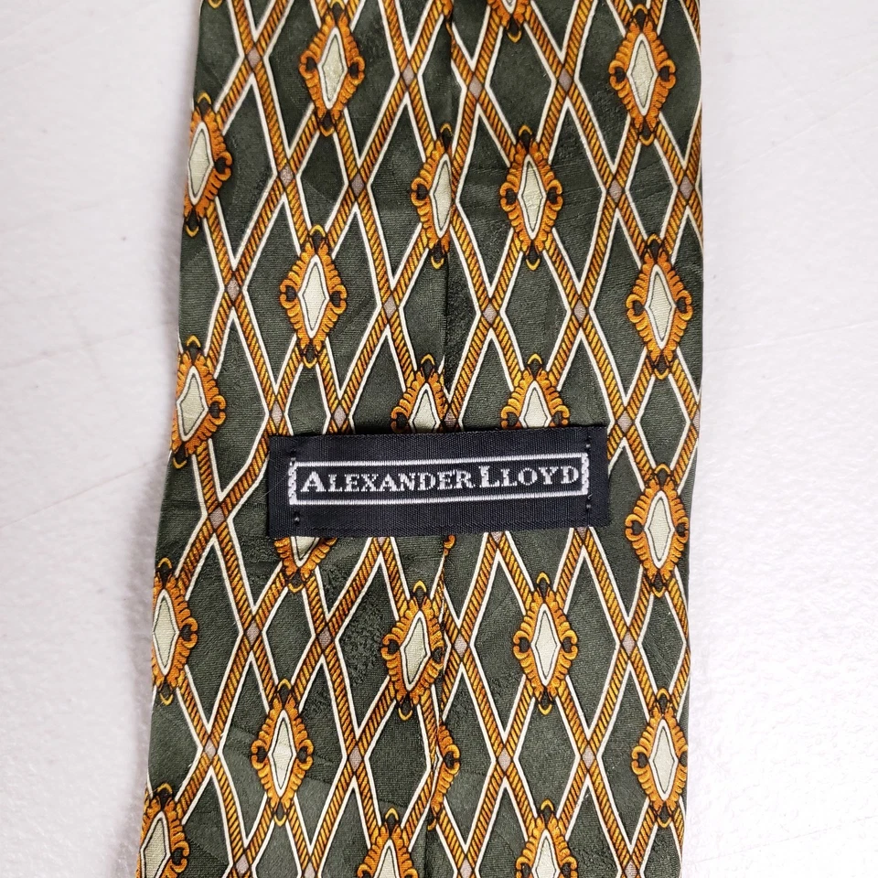 Alexander Lloyd 领带绿色黄金几何钻石图案男式领带 — 第 3/4 张图片
