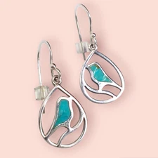 Boma 925 Sterling Silver Earrings Turquoise Inlay Bird Teardrop Shepherds Hook
