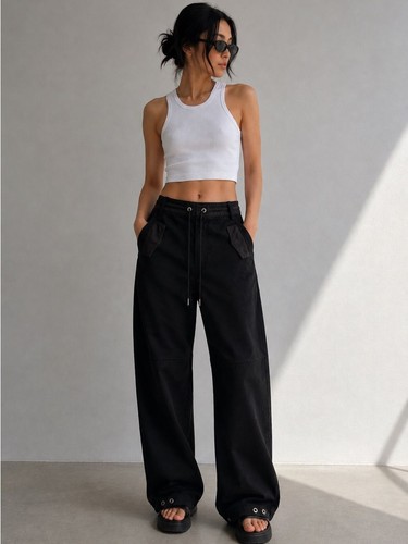 Rare Dion Lee black utility knit pants in a sculptural, relaxed barrel wide leg