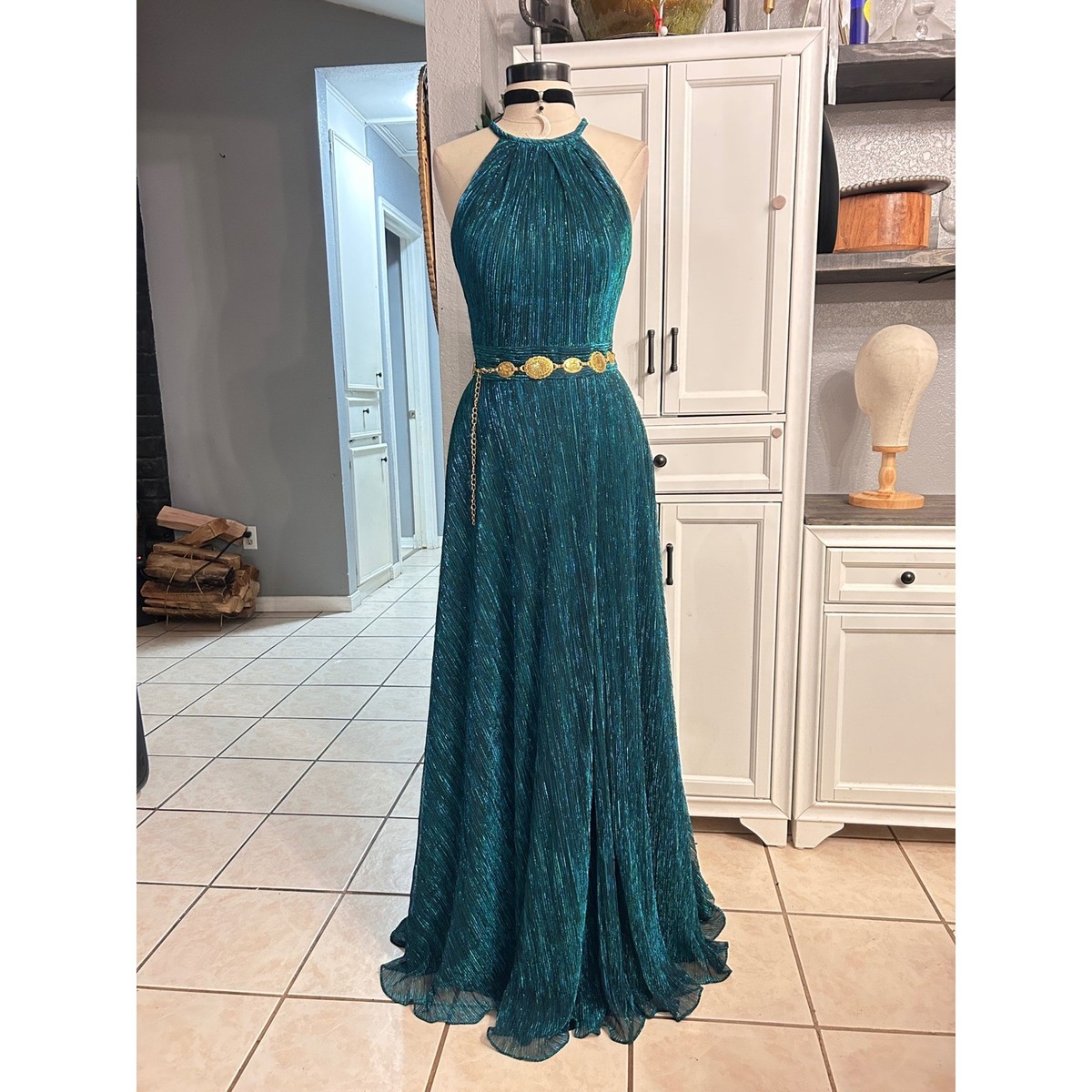 Teal Metallic Plisse Halter Neck Maxi Gown Dress Size 4 Formal | eBay