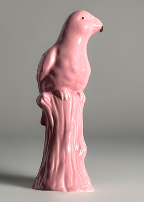 Ceramic Pink Parrot Parakeet Cockatoo Bird Figurine Gold Accents on tree stump