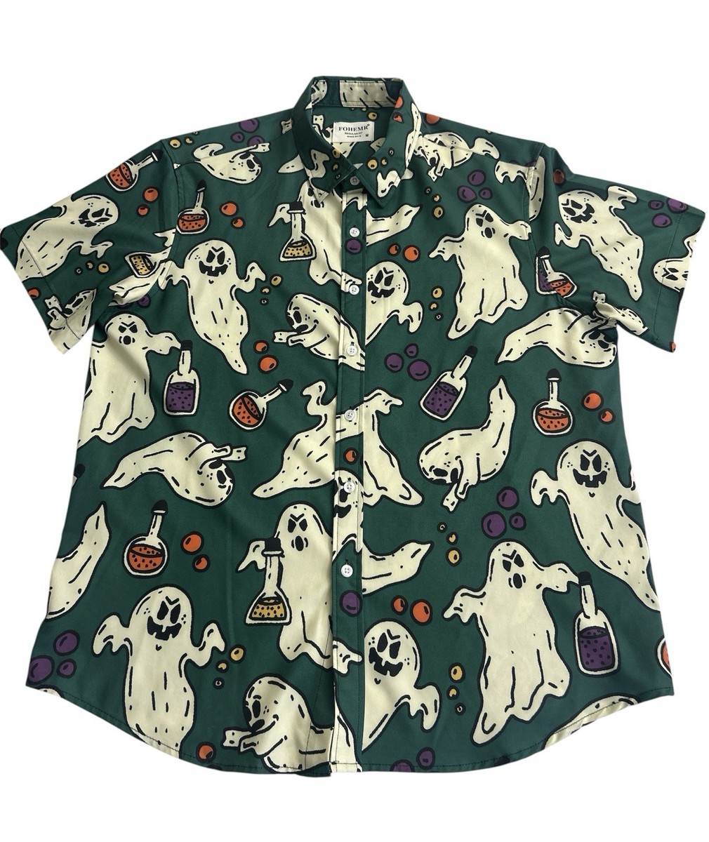 FOHEMR Men’s Halloween Ghost & Potion Print Shirt Medium Green Spooky Button Up View 3
