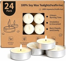 Tea Lights Candles - 24 Pack Unscented Soy Wax - 4 Hour Burning Time