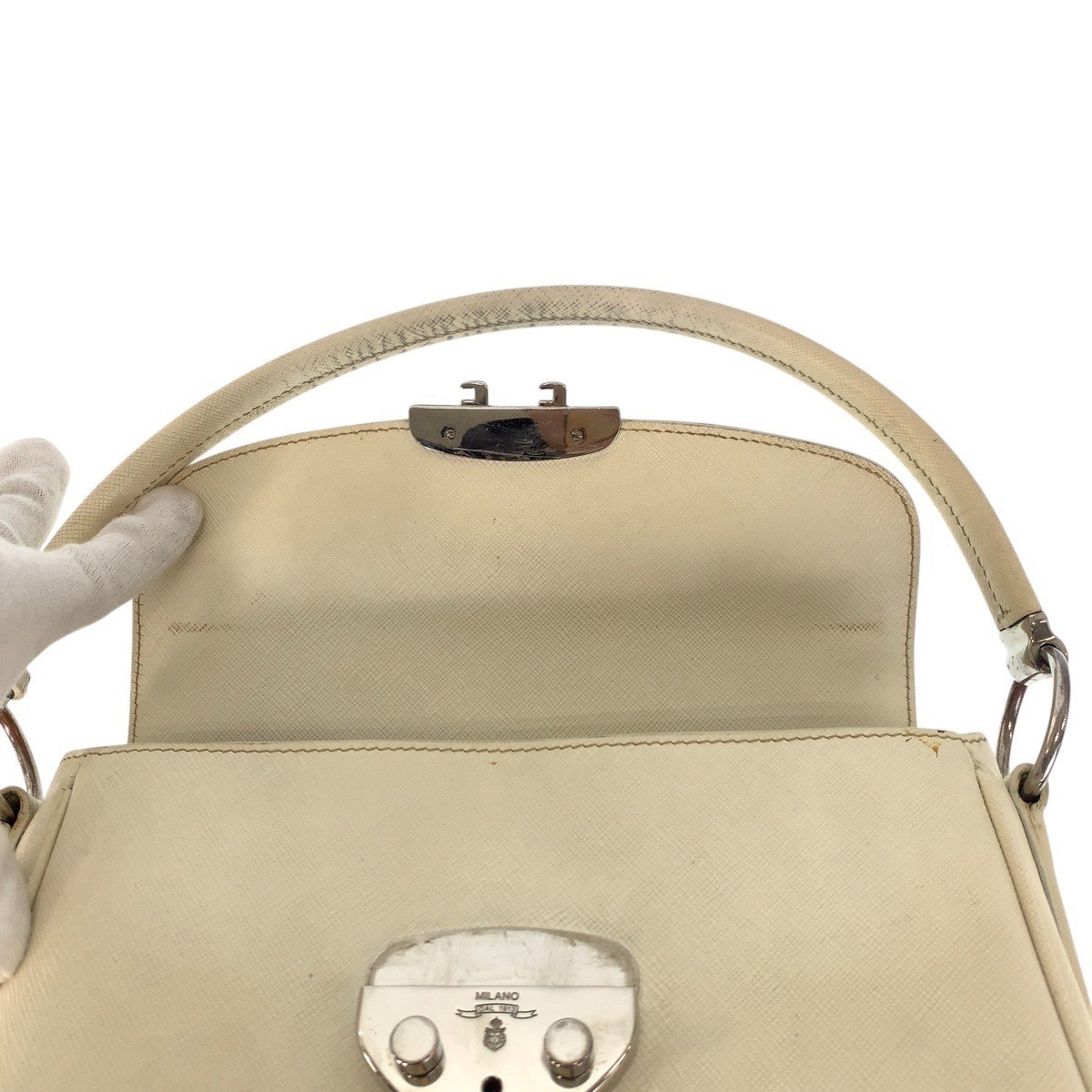 PRADA Saffiano White Silver Hardware Leather Shoulder Bag Handbag Women s 502056 thumbnail 6