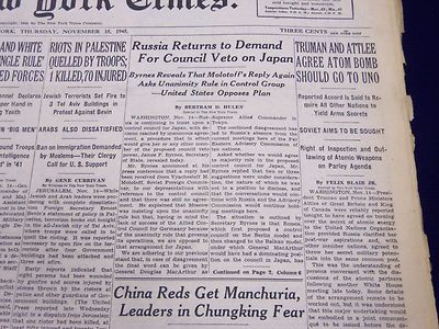 1945 NOV 15 NEW YORK TIMES - TRUMAN & ATTLEE AGREE ATOM BOMB GO TO UNO - NT 293