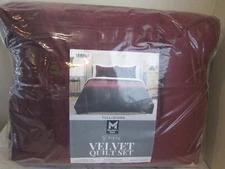 NIB Member's Mark 3 Piece Burgundy Quilted Velvet Bedding Set/Shams Full/Queen
