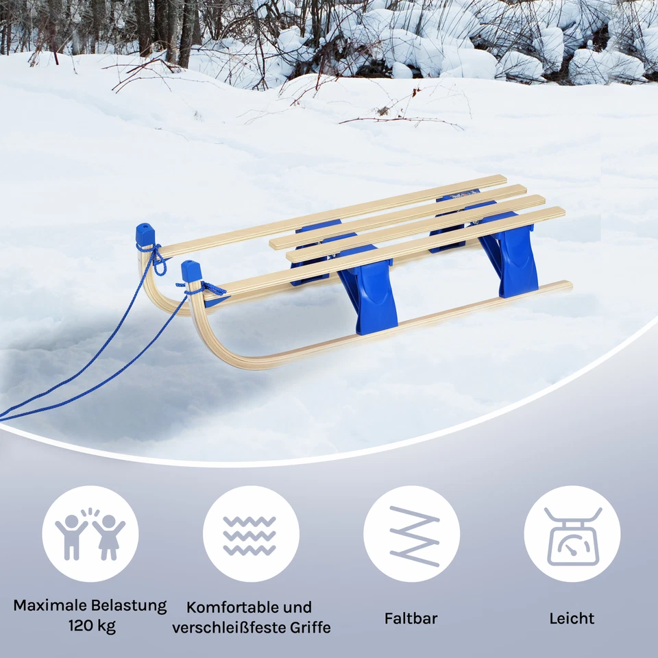 Holzschlitten Schlitten 110cm faltbar Kinderschlitten Rodelschlitten mit Zugseil - Bild 4 von 4