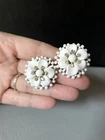Vintage Signed Western Germany White Milk Glass Petals Flower Clip Earrings