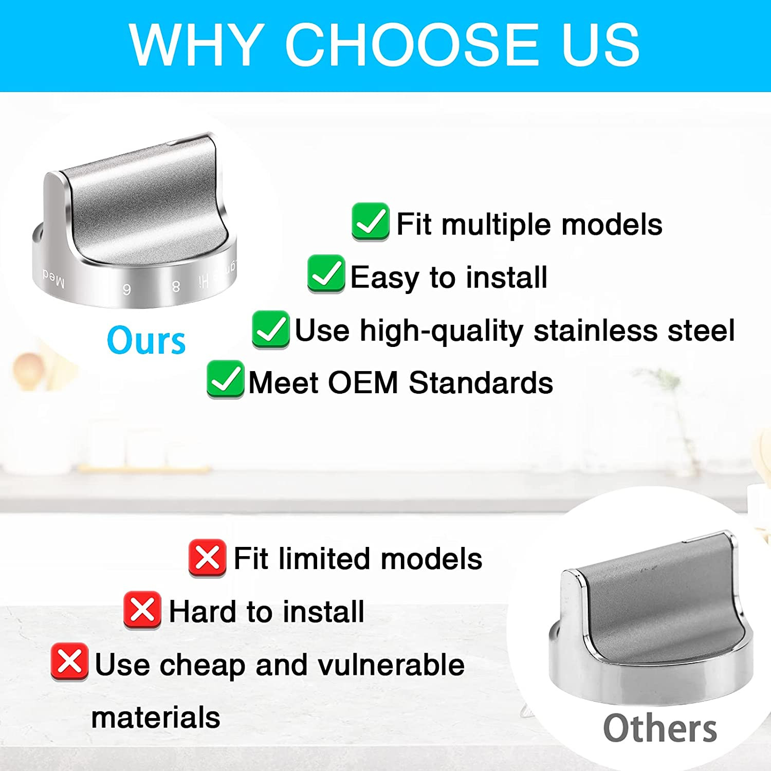 5PC W10594481 For Whirlpool Range Cooktop Control Knob WCG97US0DS00 WCG97US6DS00