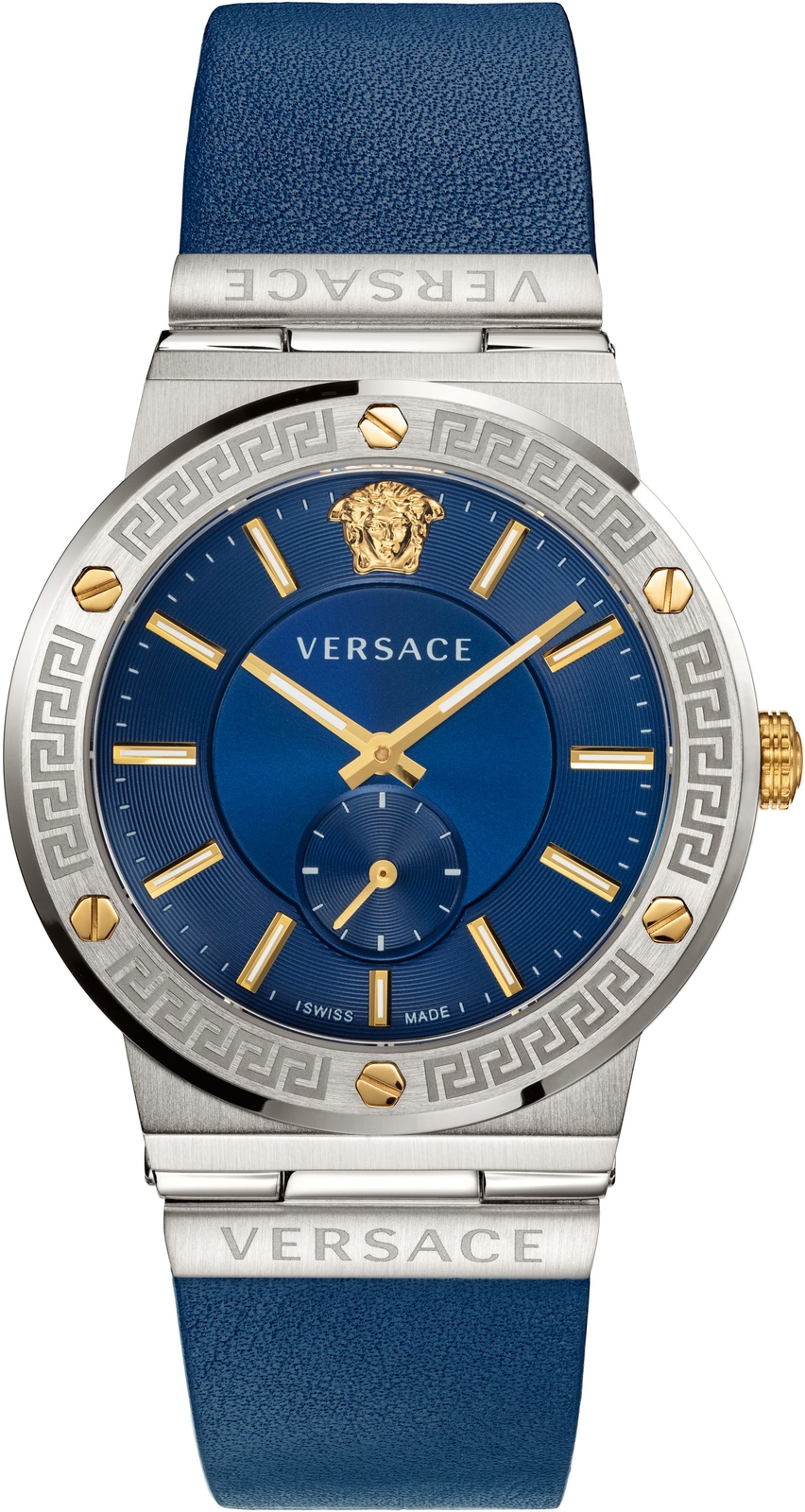 Versace VEVI00120 Greca Logo silver gold blue Leather Men's Watch NEW