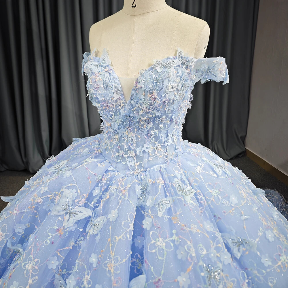 Sky Blue Princess Quinceanera Dresses Ball Gown Cap Sleeve Applique Sweet 16