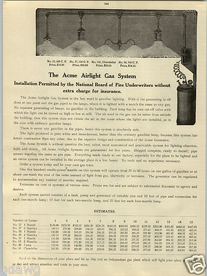 1914 PAPER AD Acme Airlight Gas Lighting System Lighting Lamps Drops Generator