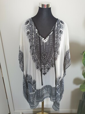 Katies Beaded Kaftan Sequins Ivory Grey Black Batik Lightweight Summer Womens S