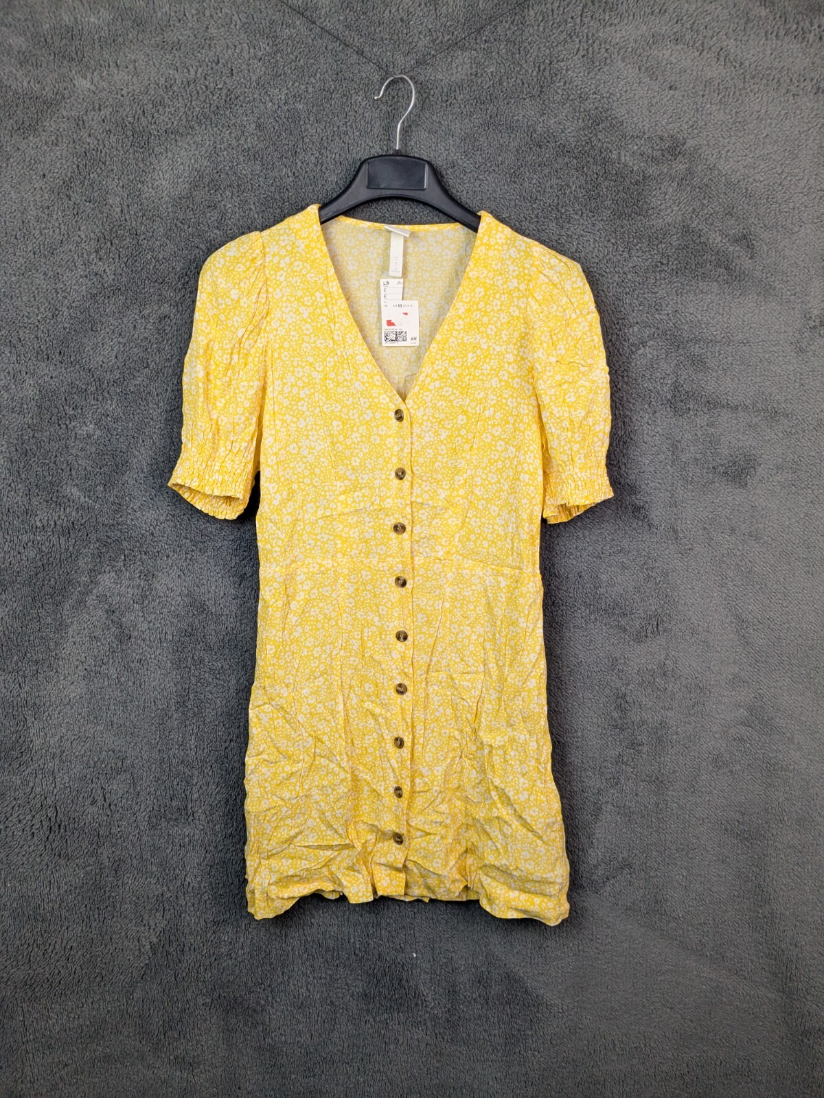 H&M ladies casual dress size 10 yellow mix button up puff sleeve New
