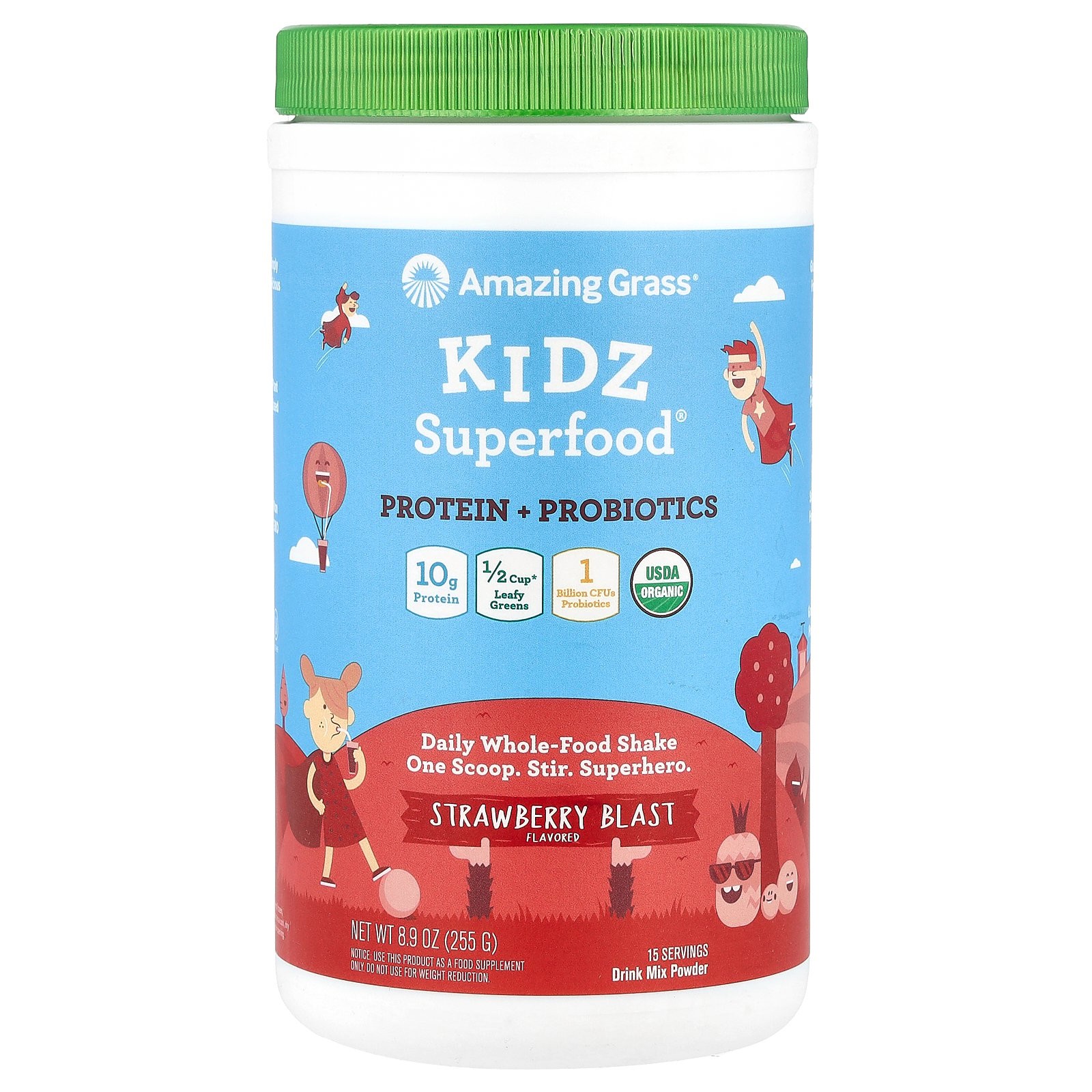 Суперфуд Kidz, Протеин + пробиотики, Клубничный бласт, 8,9 унции (255 г)