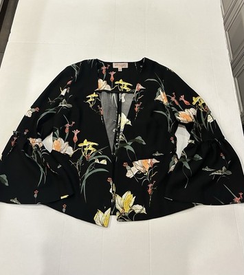 Philosophy Republic Clothing Black Floral Bell Long Sleeve Zip Blouse S