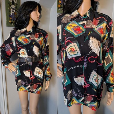 Vintage Rüschen Oversize Mexikanisch Spanisch Blumenmuster Shirt Bluse Top M L 44''