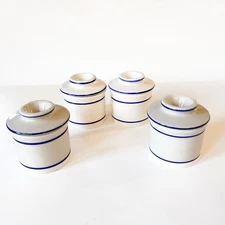 Lot Of 4 White & Blue Ceramic 3" Miniature BUTTER BELL Crocks