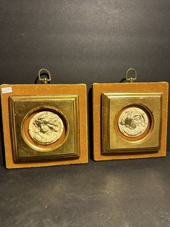 2 vintage Art Nouveau wall bas reliefs with profiles framed in gilded frames#R52
