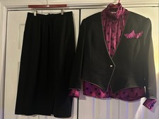 Windsmoor 3pc Skirt Suit Size 14 Wool Cashmere Black Magenta Polka Dot Vintage