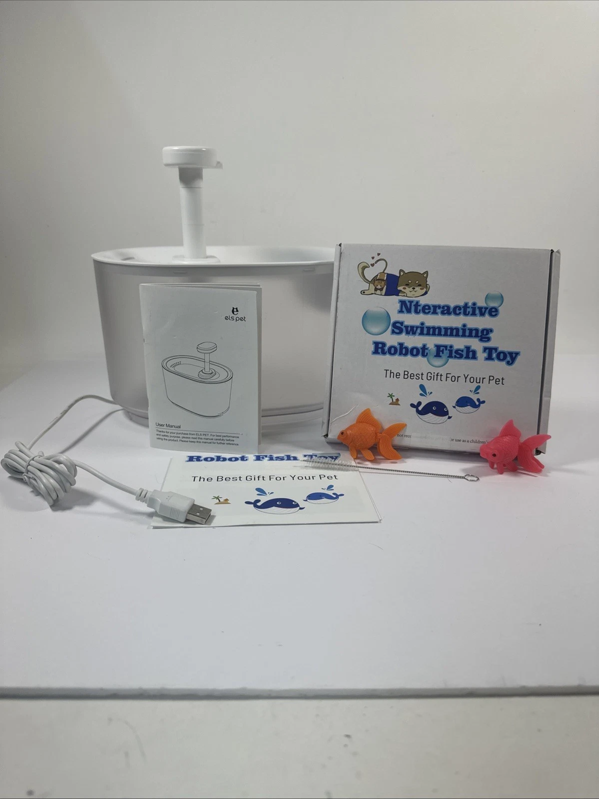 Elspet Interactive Swimming Robot Fish Toy Set Inc Pet H2O Fountain w/Robot Fish