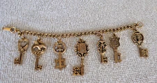 Vtg Gold Tone Victorian Revival Lock & Key Charm Bracelet 7" 7 Keys Happiness 