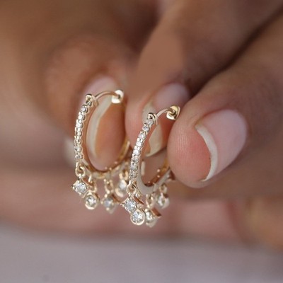Diamond Drop Hoop Earrings, Solid 14k Yellow Gold Anniversary Gift For Your Wife
