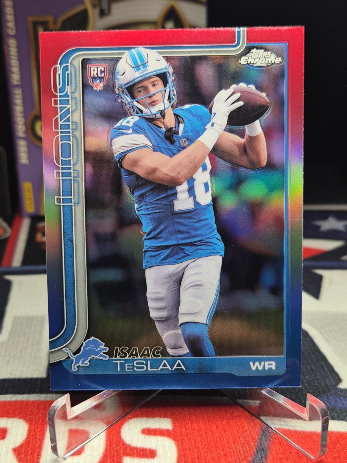 2025 Topps Chrome Football Isaac Teslaa Red White & Blue Refractor #320 (RC)