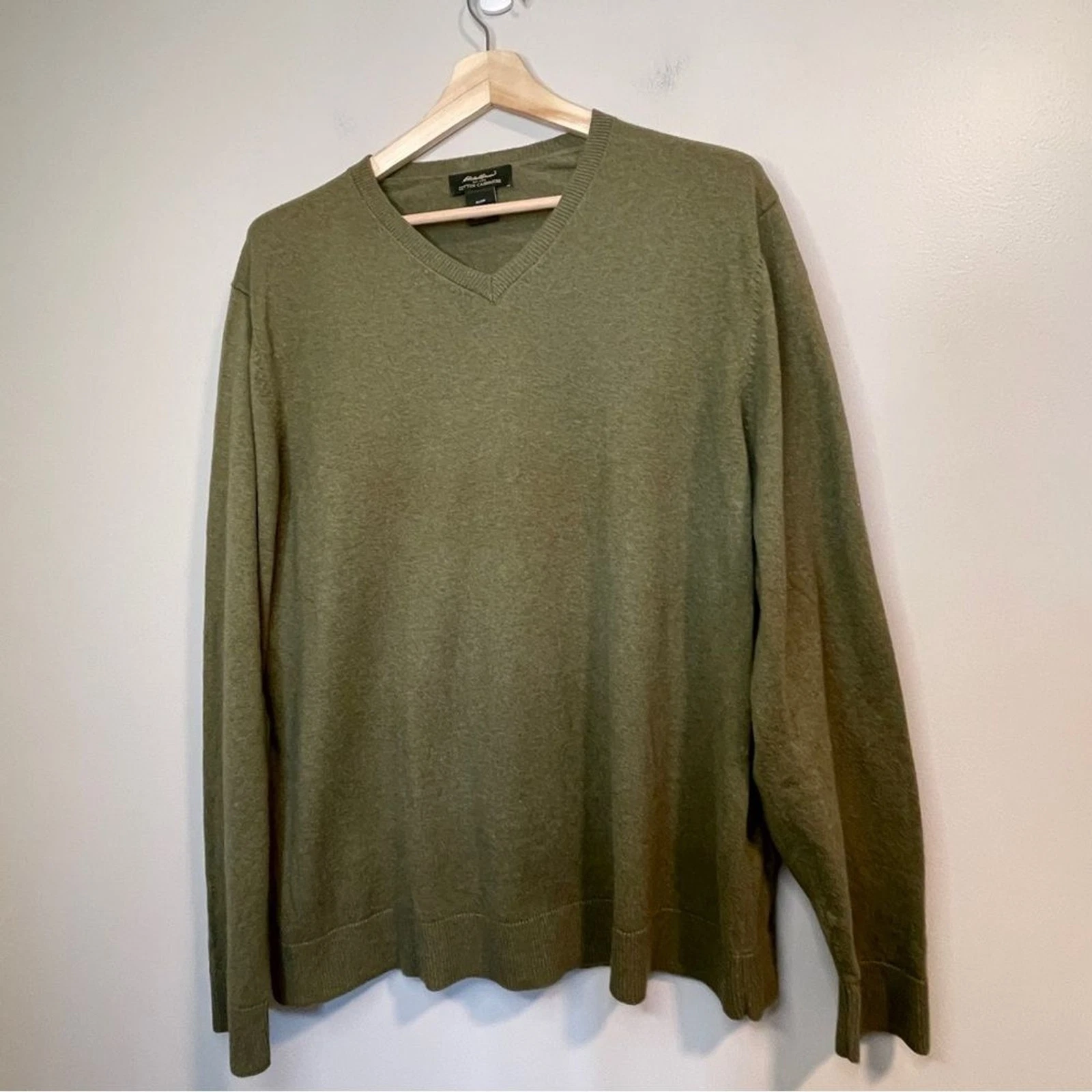 Eddie Bauer Olive V-Neck Sweater - Cotton Cashmere