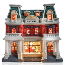 Ceramic Christmas Village House with LED Lights, Post Office Themed Lighted C...