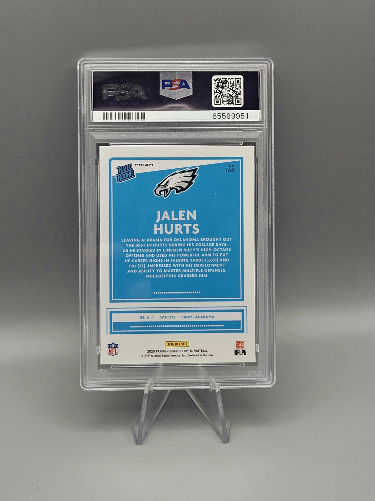 PSA 10 GEM (RC) Jalen Hurts Blue Hyper Rated Rookies Prizm 2020 Donruss Optic 🔥 view 4