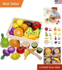 Colorful Wooden Play Food for Kids - Fruits, Knife Storage Box Included