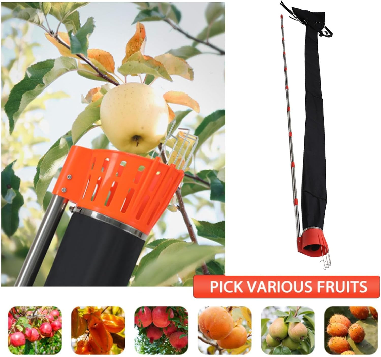 Fruit Picker Pole Tool with Basket Telescoping Long Handle, 13FT Adjustable Oran
