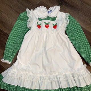 Fayette Vintage Size 6 Apron Dress W/ Heart Apples Polka Dot Green White B