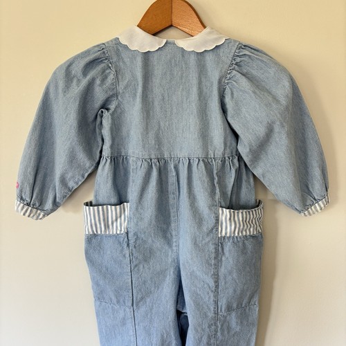 Vintage Oshkosh Denim Bubble Jumpsuit Romper 4T Peterpan Collar Pockets USA 90s - Picture 11 of 24