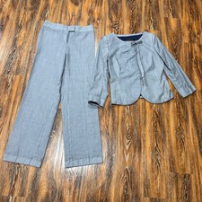 Escada Grey Pantsuit Collarless Bow Blazer Wide Leg Trousers Size 40 42 WORN