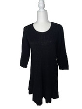 NY Collection Womens Sweater Dress Petite M Black Cable-Knit A-Line 3/4 Sleeve