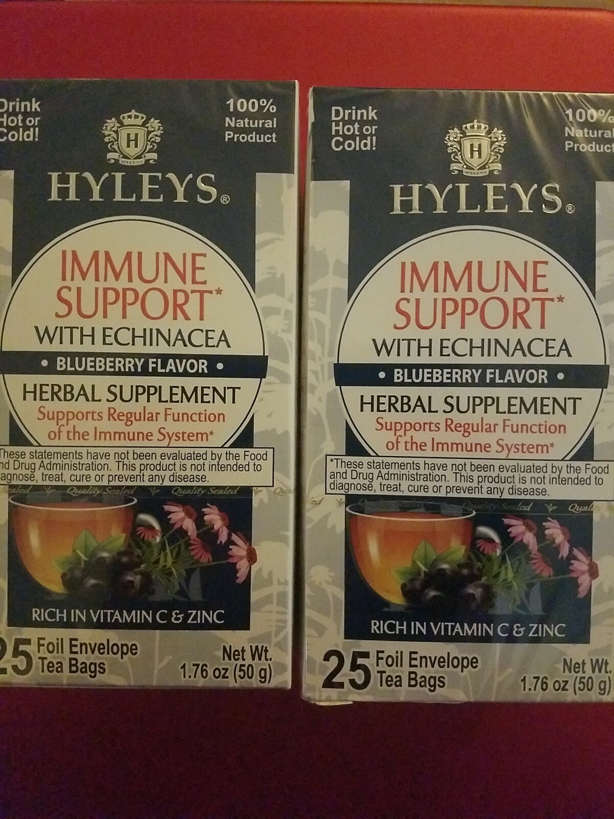 2 PACK HYLEYS IMMUNE SUPPORT WITH WCHINACEA BLUEBERRY FLAVOR SUGAR FREE (50BAGS)