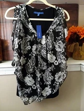 Apt Womens Black/white/grey Floral Sheer Lined Open  Sleeve Blouse Size L