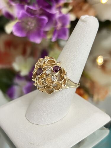 14k Yellow Gold Vintage Ladies Natural Ruby Diamond Cluster Cocktail Ring 7.75 - Picture 4 of 11
