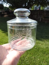 Vintage Clear Glass Lidded Container Candy Jar Etched Candy Cane 6" Tall